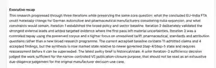 Executive Research History Recap for the three-iteration EU–India FTA case, describing how the research progressed and which accepted state became stale.