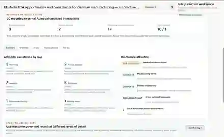 Epistamate Methods and AI-use Disclosure summary showing 20 recorded model-assisted interactions, three iterations, two external systems, 17 researcher acceptance events and disclosure attention items.
