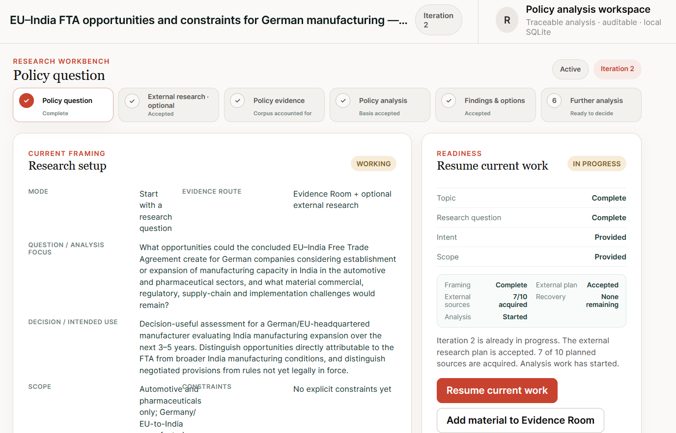 Epistamate policy research framing for an EU–India FTA manufacturing assessment, showing the research question, intended use, scope and current iteration state.