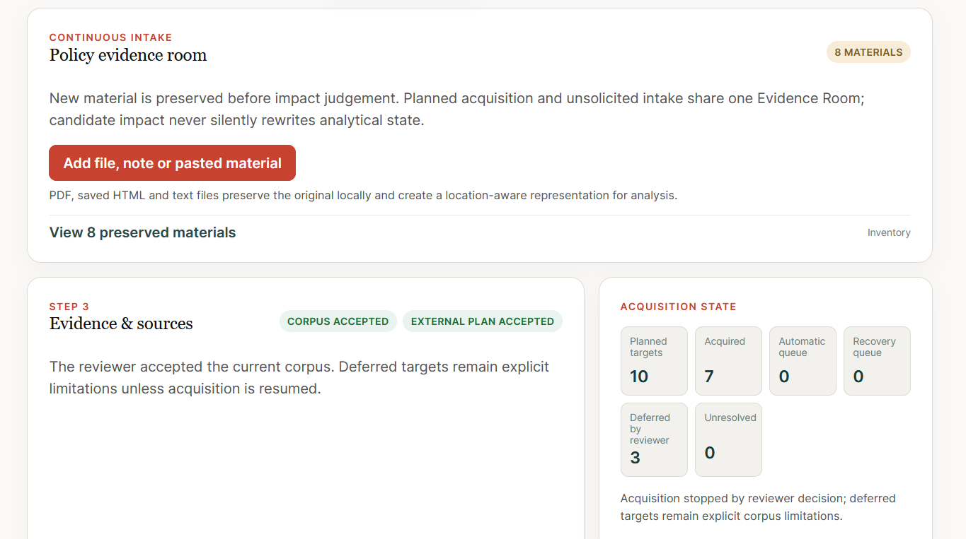 Epistamate policy Evidence Room showing 10 planned targets, 7 acquired, 3 deferred by reviewer and 0 unresolved.