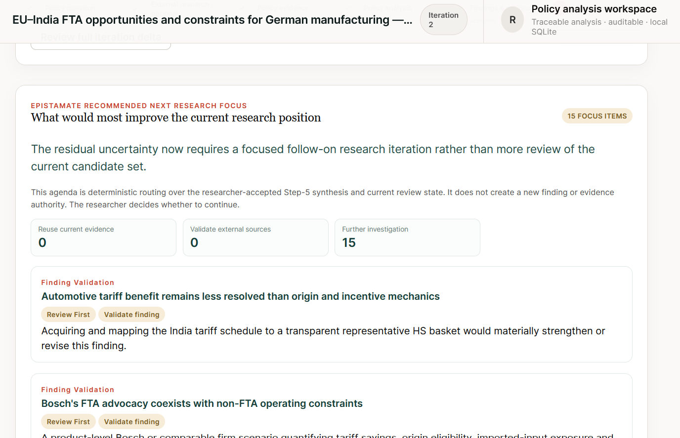 Epistamate recommended next research focus showing 15 further-investigation items and explicit authority limits.