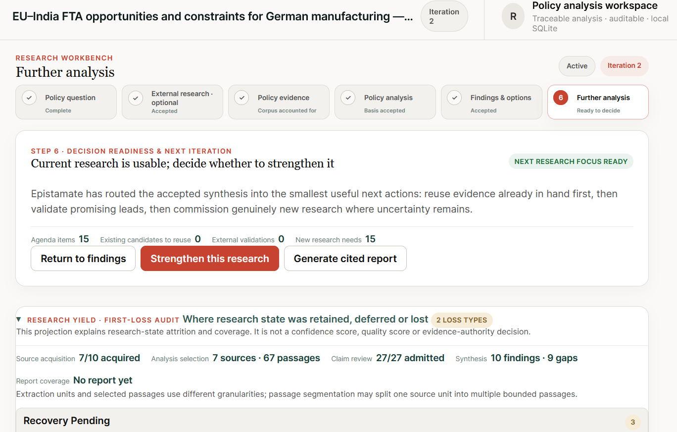 Epistamate further-analysis state showing current research usable, 15 agenda items and a first-loss audit.