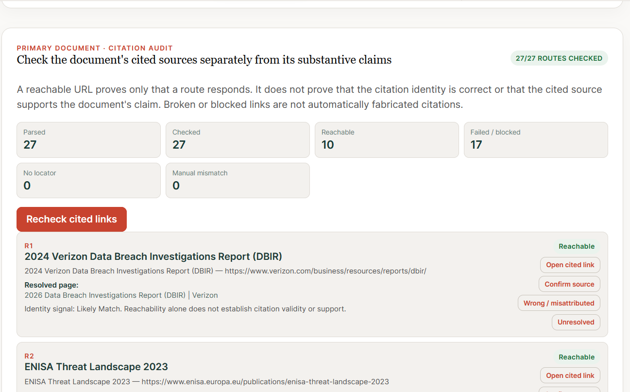 Epistamate citation audit showing 27 cited routes checked, 10 reachable and 17 failed or blocked, with citation identity reviewed separately from reachability.